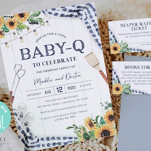 Navy BabyQ Duscheinladung, Gender Neutral Baby-Q einladen, Paare Babyparty, Coed, Navy mit Sonnenblumen, Digital, Printable DIY BQNS