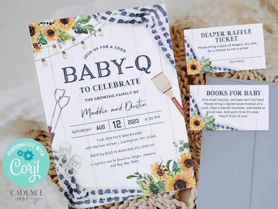 Navy BabyQ Shower Invitation, Gender Neutral Baby-Q Invite, Couples Baby Shower, Coed, Navy with Sunflowers, Digital, Printable DIY BQNS