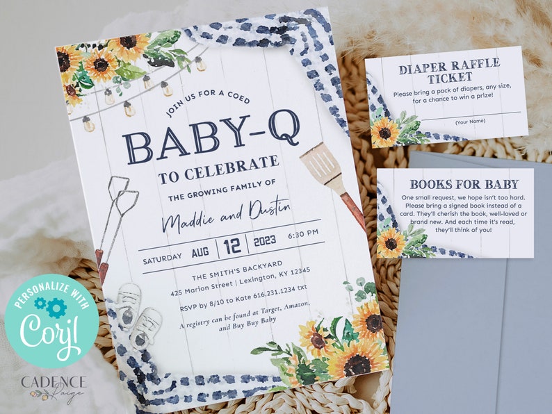 K&ouml;nnte beinhalten: Eine Babyparty-Einladung mit rustikalem Holz-Hintergrund und Sonnenblumen. Die Einladung ist f&uuml;r ein Baby-Q f&uuml;r gemischte Gesellschaft, um Maddie und Dustin zu feiern. Die Einladung enth&auml;lt Datum, Uhrzeit und Ort der Veranstaltung. Sie enth&auml;lt auch Informationen &uuml;ber die RSVP und das Geschenkeregister.