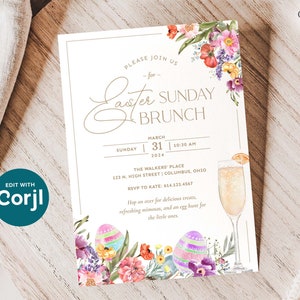 K&ouml;nnte beinhalten: Eine Einladung zu einem Oster-Sonntagsbrunch im The Walkers Place, 123 N. High Street, Columbus, Ohio am 31. M&auml;rz 2024 um 10:30 Uhr. RSVP an Kate unter 614.123.4567. Die Einladung zeigt eine Aquarell-Illustration von Ostereiern, Blumen und einem Mimosa.