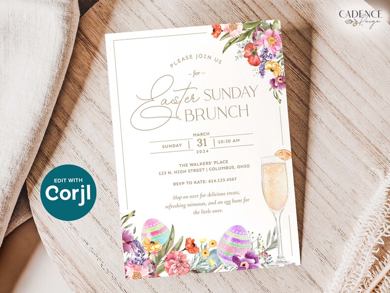 K&ouml;nnte beinhalten: Eine Einladung zu einem Oster-Sonntagsbrunch im The Walkers Place, 123 N. High Street, Columbus, Ohio am 31. M&auml;rz 2024 um 10:30 Uhr. RSVP an Kate unter 614.123.4567. Die Einladung zeigt eine Aquarell-Illustration von Ostereiern, Blumen und einem Mimosa.