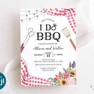 May include: A white invitation with the text "I Do BBQ" for a couples shower. The design includes watercolor illustrations of grilling tools, floral arrangements, and a red and white checkered pattern. The event details are also included.