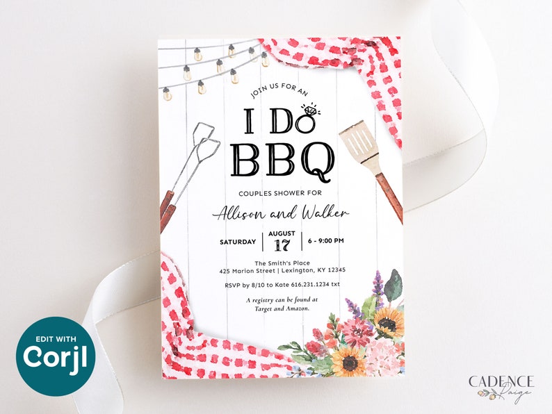 May include: A white invitation with the text "I Do BBQ" for a couples shower. The design includes watercolor illustrations of grilling tools, floral arrangements, and a red and white checkered pattern. The event details are also included.