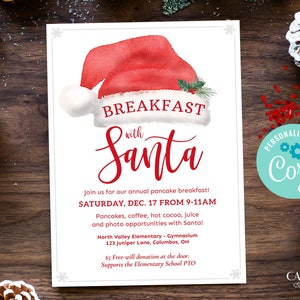 Invito per colazione con Babbo Natale, volantino per colazione con Babbo Natale, modello di raccolta fondi, invito per brunch con Babbo Natale, evento PTO per le vacanze, Corjl stampabile