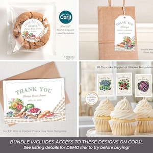 Celebrate the bride with a farmers market bridal shower letting everyone know She's Off the Market! The designs in this bundle feature watercolor illustrations of market items like fresh cut flowers, ripe vegetables, mixed berries, and neutral colored gingham; setting the stage for a charming celebration. This set includes the invitation, table signs for advice, favors, etc., games, recipe cards, fruit & veggie garland decor, cupcake toppers, stickers, favor tags, thank yous, and welcome signs.