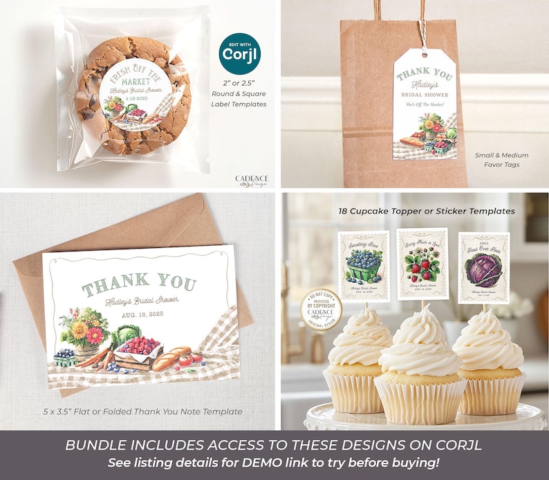 Celebrate the bride with a farmers market bridal shower letting everyone know She's Off the Market! The designs in this bundle feature watercolor illustrations of market items like fresh cut flowers, ripe vegetables, mixed berries, and neutral colored gingham; setting the stage for a charming celebration. This set includes the invitation, table signs for advice, favors, etc., games, recipe cards, fruit & veggie garland decor, cupcake toppers, stickers, favor tags, thank yous, and welcome signs.