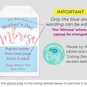 Pu&ograve; includere: Un'etichetta regalo stampabile per la Festa della Mamma con un design rosa e blu. L'etichetta presenta un'illustrazione di mimosa e il testo "you deserve a Mother's Day Mimosa". Il testo "Pop the bubbly. Pour some juice. Relax & enjoy! Happy Mother's Day! from, Kelley" &egrave; incluso anche.