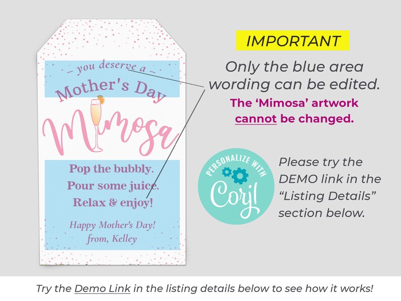Pu&ograve; includere: Un'etichetta regalo stampabile per la Festa della Mamma con un design rosa e blu. L'etichetta presenta un'illustrazione di mimosa e il testo "you deserve a Mother's Day Mimosa". Il testo "Pop the bubbly. Pour some juice. Relax & enjoy! Happy Mother's Day! from, Kelley" &egrave; incluso anche.