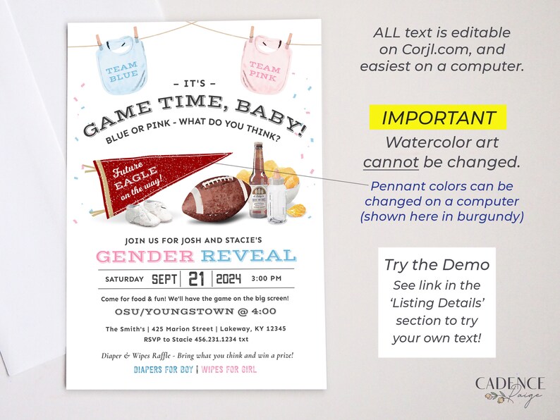 Gender Reveal Party Invitation for Football Tailgate Gender Reveal Invitation Football Game Gender Reveal Invite Send Digitally Printable image 5
