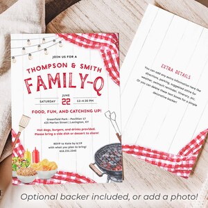 This playful summer family reunion invitation can feature two family names above the word "FAMILY-Q" or you can change it to REUNION. The design has classic BBQ elements like picnic food, grilling tools, and red checkered tablecloth draped in the corners. It will surely set the stage for a memorable day of family and fun! It says "FAMILY-Q" in bold letters to go with the playful vibe. The invitation can be printed or sent digitally by text.
