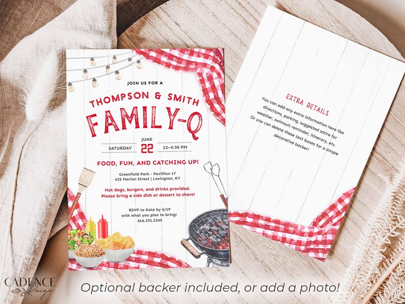 This playful summer family reunion invitation can feature two family names above the word "FAMILY-Q" or you can change it to REUNION. The design has classic BBQ elements like picnic food, grilling tools, and red checkered tablecloth draped in the corners. It will surely set the stage for a memorable day of family and fun! It says "FAMILY-Q" in bold letters to go with the playful vibe. The invitation can be printed or sent digitally by text.