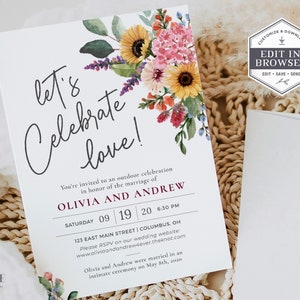 Backyard Wedding Invitation, Wildflowers Wedding Invitation, Casual Wedding Invitation, Sunflower Couples Shower, Printable, Corjl, W2