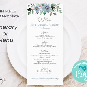 Menú imprimible para despedida de soltera azul, plantilla de itinerario, menú azul polvoriento, plantilla de decoración nupcial azul, menú imprimible, bricolaje, EDITABLE B6