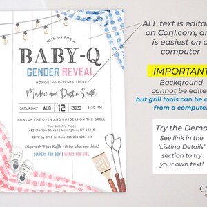 Puede incluir: Una invitaci&oacute;n a una fiesta de revelaci&oacute;n de g&eacute;nero de beb&eacute; con un fondo de acuarela azul y rosa. La invitaci&oacute;n presenta una parrilla, una manta de picnic y el texto "Baby-Q Gender Reveal" con los nombres "Maddie y Dustin Smith".