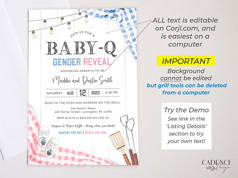 Puede incluir: Una invitaci&oacute;n a una fiesta de revelaci&oacute;n de g&eacute;nero de beb&eacute; con un fondo de acuarela azul y rosa. La invitaci&oacute;n presenta una parrilla, una manta de picnic y el texto "Baby-Q Gender Reveal" con los nombres "Maddie y Dustin Smith".