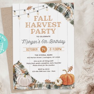 Puede incluir: Invitaci&oacute;n a una Fall Harvest Party con calabazas, hojas y el texto "Fall Harvest Party" y "Morgan's 6th Birthday". La invitaci&oacute;n incluye la fecha, hora, lugar y detalles de RSVP. Tambi&eacute;n se incluye el texto "Personalize with Corjl".