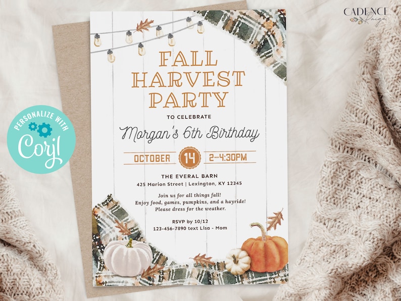 Puede incluir: Invitaci&oacute;n a una Fall Harvest Party con calabazas, hojas y el texto "Fall Harvest Party" y "Morgan's 6th Birthday". La invitaci&oacute;n incluye la fecha, hora, lugar y detalles de RSVP. Tambi&eacute;n se incluye el texto "Personalize with Corjl".