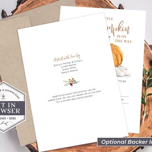 May include: Editable baby shower invitation featuring a watercolour pumpkin and baby booties. The text reads "Little Pumpkin is on the way".