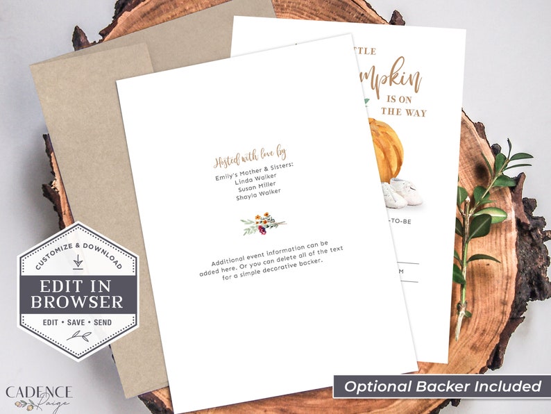 May include: Editable baby shower invitation featuring a watercolour pumpkin and baby booties. The text reads "Little Pumpkin is on the way".