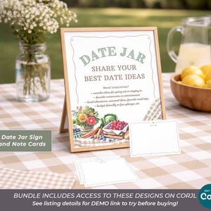 May include: A wooden framed sign with the text "DATE JAR SHARE YOUR BEST DATE IDEAS". The sign includes illustrations of flowers and vegetables. Several blank note cards are in front of the sign. A vase of flowers and a bowl of lemons are in the background.