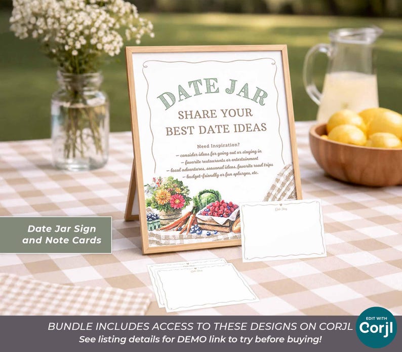 May include: A wooden framed sign with the text "DATE JAR SHARE YOUR BEST DATE IDEAS". The sign includes illustrations of flowers and vegetables. Several blank note cards are in front of the sign. A vase of flowers and a bowl of lemons are in the background.