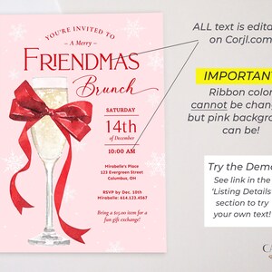 This Friendmas Brunch invitation features a big red bow tied around a glass of bubbly, perfect for a preppy holiday brunch or prosecco party with friends! It says "You're Invited to a Merry Friendmas Brunch" against a snowy pink background.