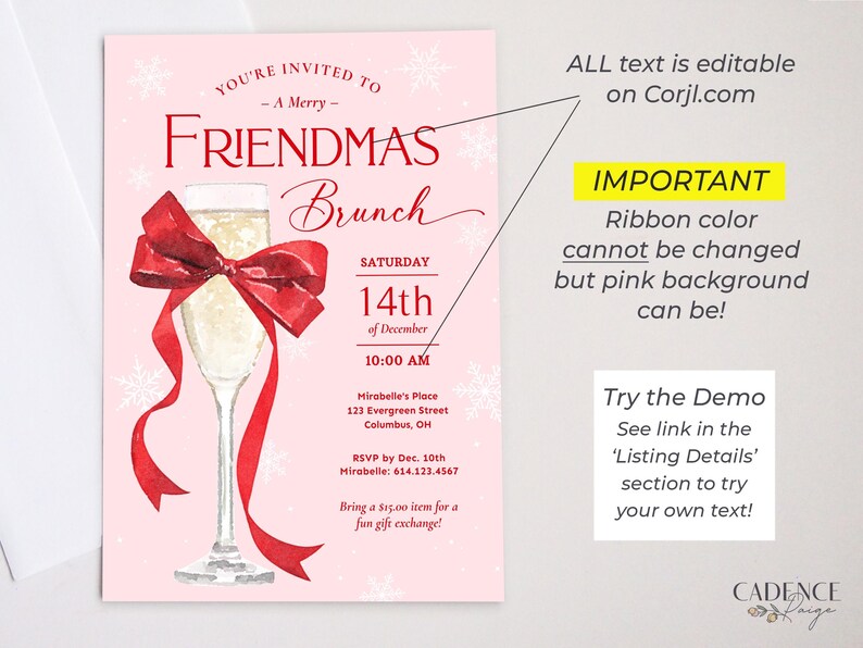 This Friendmas Brunch invitation features a big red bow tied around a glass of bubbly, perfect for a preppy holiday brunch or prosecco party with friends! It says "You're Invited to a Merry Friendmas Brunch" against a snowy pink background.