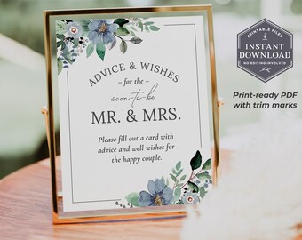8 x 10 Dusty Blue Advice Sign, Blue Bridal Shower Advice Sign, Printable Advice and Wishes Sign, Cornflower Blue Bridal Decor, PDF, B6