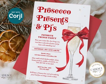 May include: A white invitation with red text for a "Prosecco Presents & Pj's" party. The invitation features a watercolor illustration of a champagne flute with a red bow. The text includes the date, time, and location of the party, as well as a request to bring a favorite item and a snack to share.