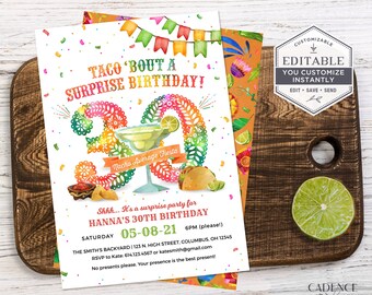 30th Birthday Party Invitation, 30th Surprise Party Invitation, Taco Themed Party Invite, 30th Fiesta Invite, DIY, Corjl, Printable, A24