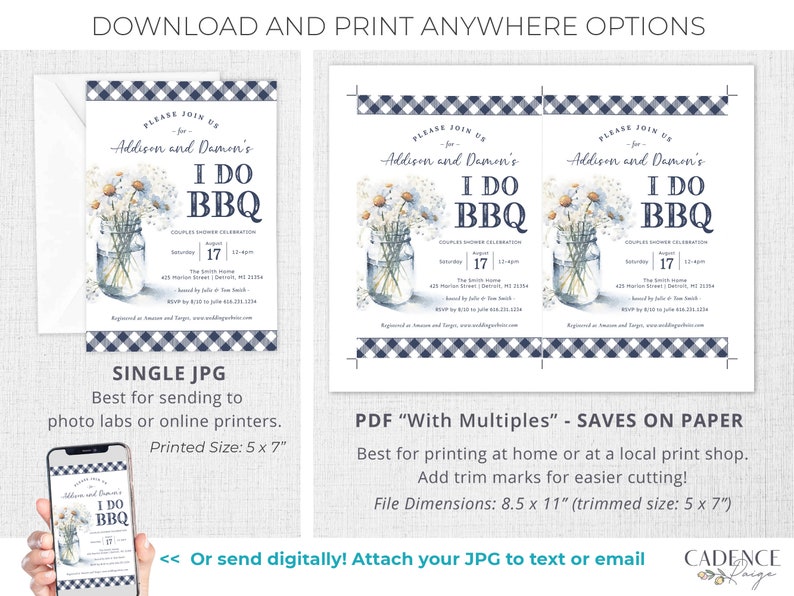 Invitation for BBQ Couples Shower in Navy I Do BBQ Shower Invitation with Daisies in Mason Jar and Navy Gingham Digital Invitation for BBQ image 6