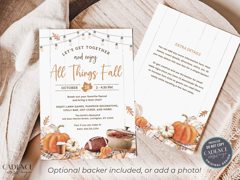 Fall themed party invitation with a rustic wood background and string lights. The invitation reads 'Let's Get Together and Enjoy All Things Fall' with the date 'October 14, 2-4:30 PM'. The invitation also includes details about the party, such as the location, RSVP information, and a list of activities. The invitation is decorated with fall-themed illustrations, such as pumpkins, leaves, and a football. A decorated backer is also included with the template.