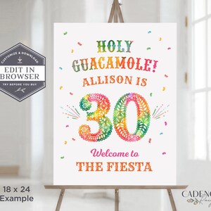 Pu&ograve; includere: Un cartello stampabile colorato per una festa di compleanno di 30 anni con il testo "Holy Guacamole! Allison ha 30 anni. Benvenuti alla fiesta."