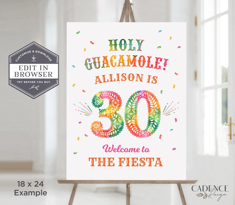 Pu&ograve; includere: Un cartello stampabile colorato per una festa di compleanno di 30 anni con il testo "Holy Guacamole! Allison ha 30 anni. Benvenuti alla fiesta."