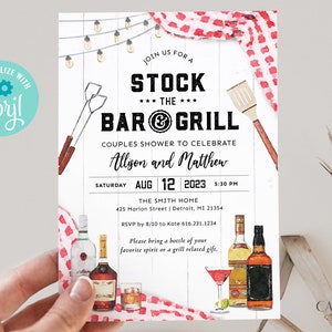 Stock the Bar and Grill Couples Shower Invitation, Bar & Grill Couples Shower Invitation, BBQ Couples Shower Invite, Printable, Corjl, Q2