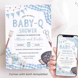 Invite guests to baby shower BBQ with this light blue Baby-Q shower invitation perfect for celebrating a baby boy on his way! This digital design features accents of  light blue gingham, twinkling lights, a matching bunting, all to inspire your decorations for a casual yet darling BBQ! The grilling tools, grill, baby shoes, bottle, and flowers can be deleted or moved if you prefer.