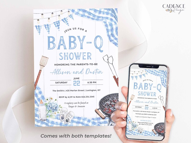 Invite guests to baby shower BBQ with this light blue Baby-Q shower invitation perfect for celebrating a baby boy on his way! This digital design features accents of  light blue gingham, twinkling lights, a matching bunting, all to inspire your decorations for a casual yet darling BBQ! The grilling tools, grill, baby shoes, bottle, and flowers can be deleted or moved if you prefer.