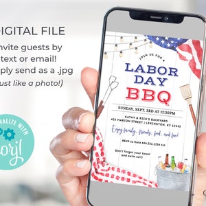 May include: A digital invitation for a Labour Day BBQ party. The invitation features a watercolour illustration of a red, white and blue American flag, a grill, and a cooler with drinks. The text on the invitation reads "Join us for a Labour Day BBQ" and includes the date, time, and location of the party.