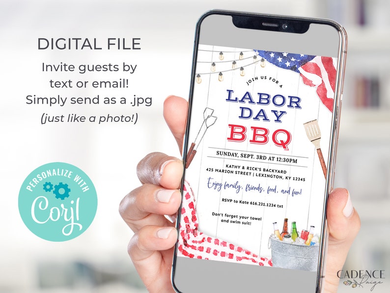May include: A digital invitation for a Labour Day BBQ party. The invitation features a watercolour illustration of a red, white and blue American flag, a grill, and a cooler with drinks. The text on the invitation reads "Join us for a Labour Day BBQ" and includes the date, time, and location of the party.