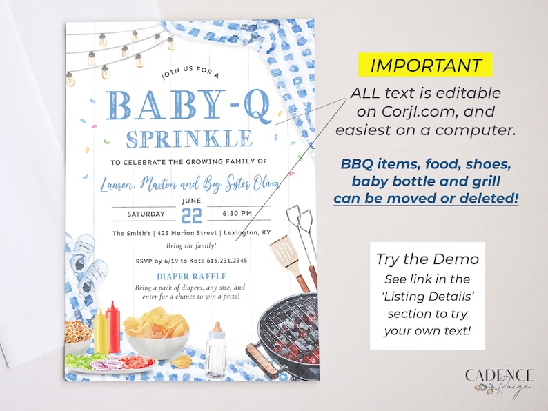 K&ouml;nnte beinhalten: Baby-Q Sprinkle Einladung mit Aquarellillustrationen. Die Einladung enth&auml;lt Eventdetails und eine Windel-Tombola. BBQ-Artikel, Essen, Schuhe, eine Babyflasche und ein Grill sind abgebildet. Der Text lautet: "Wichtig: Der gesamte Text ist auf Corjl.com bearbeitbar."