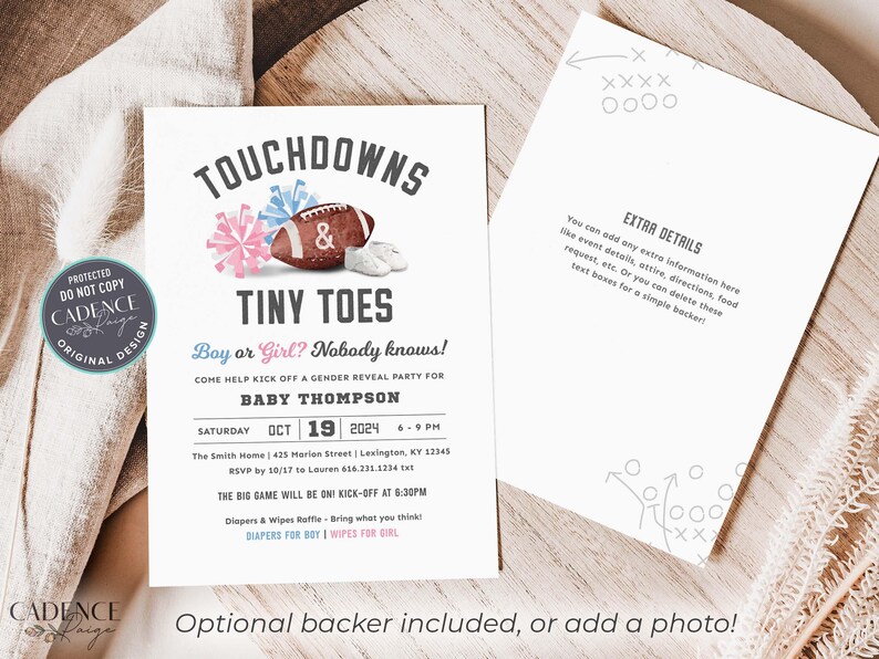 Football Gender Reveal Invitation Touchdown and Tiny Toes Invitation Gender Reveal Party Football Tailgate and Celebrate, Digital Printable image 8