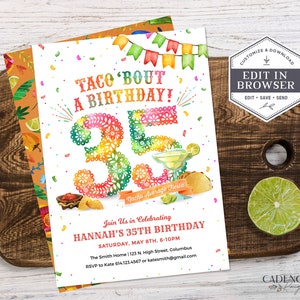 35th Birthday Invitation, 35 Birthday Party Invitation, Taco Bout Party Invite, 35 Birthday Fiesta Invite, DIY, Printable, Corjl, A24