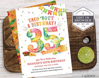 35th Birthday Invitation, 35 Birthday Party Invitation, Taco Bout Party Invite, 35 Birthday Fiesta Invite, DIY, Printable, Corjl, A24