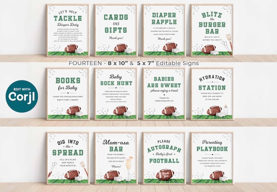 Football Baby Shower Signs, Tailgate Baby Shower Decor, Football Theme Baby Sprinkle Display, Food, Favors, Drinks, Editable Printable Signs