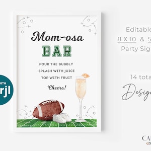 Może przedstawiać: Oprawiony znak imprezy z napisem "Mom-osa BAR" w kolorze zielonym i czarnym. Znak zawiera piłkę nożną, mimozę oraz tekst "Wlej bąbelki, skrop sokiem, posyp owocami, Cheers!" Znak jest edytowalny.