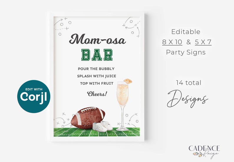 Może przedstawiać: Oprawiony znak imprezy z napisem "Mom-osa BAR" w kolorze zielonym i czarnym. Znak zawiera piłkę nożną, mimozę oraz tekst "Wlej bąbelki, skrop sokiem, posyp owocami, Cheers!" Znak jest edytowalny.