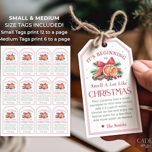 Op de afbeelding: Printbare kerstcadeau-etiketten met een rood en wit ontwerp. De etiketten bevatten een feestelijke illustratie van sinaasappels, kaneelstokjes en kruidnagels. De tekst op het etiket luidt "It's beginning to smell a lot like Christmas".