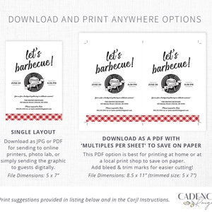 May include: Printable invitation for a barbecue party. The invitation features a red and white gingham pattern, the text "Let's barbecue!" and a graphic of a grill with the text "Chillin'" on it. The invitation is available in two formats: a single layout that is 5 inches by 7 inches, and a multiple layout that is 8.5 inches by 11 inches, trimmed to 5 inches by 7 inches.