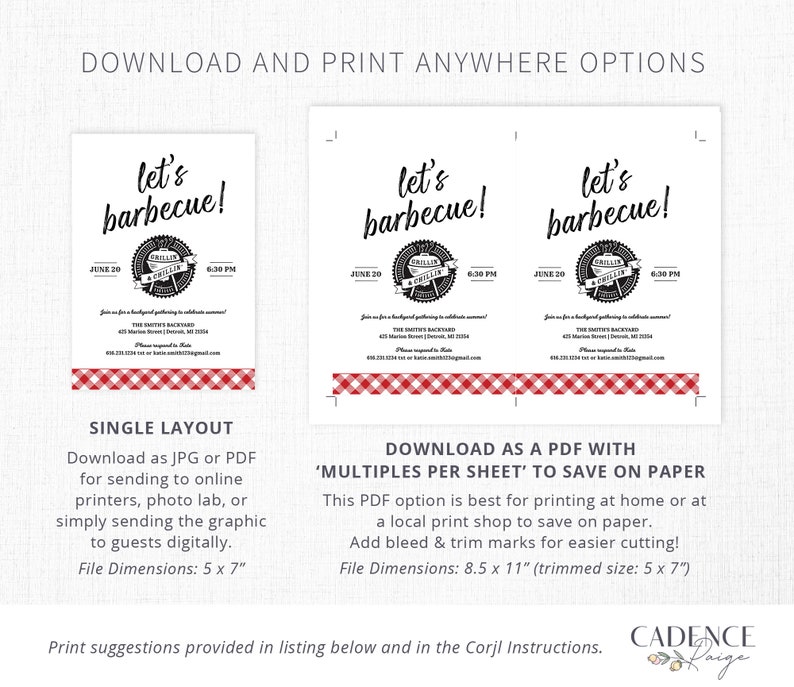 May include: Printable invitation for a barbecue party. The invitation features a red and white gingham pattern, the text "Let's barbecue!" and a graphic of a grill with the text "Chillin'" on it. The invitation is available in two formats: a single layout that is 5 inches by 7 inches, and a multiple layout that is 8.5 inches by 11 inches, trimmed to 5 inches by 7 inches.