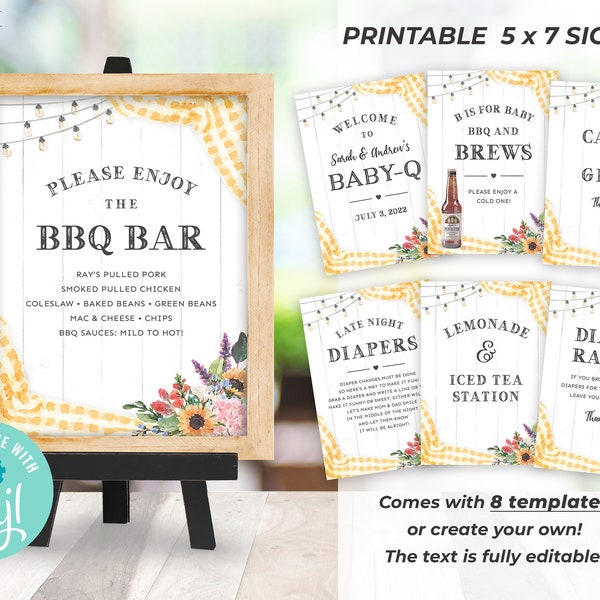 Yellow Baby-Q Shower Signs 5 x 7, BBQ Food Signs, Baby-Q Decor, bbq Signs, BabyQ Couples Shower Signs, Printable Food Signs, DIY Signs, BQY